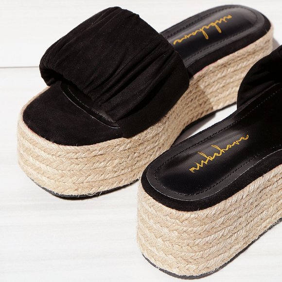 NEW Black Ruched Faux Suede Espadrille Slip On Slides Wedge Platform Sandal Shoe - Picture 3 of 10